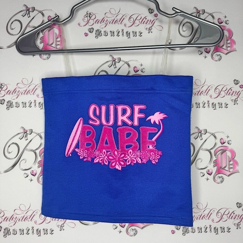 Blue Surf Babe Tube Top tube top or tank top with clear straps sparkle decal